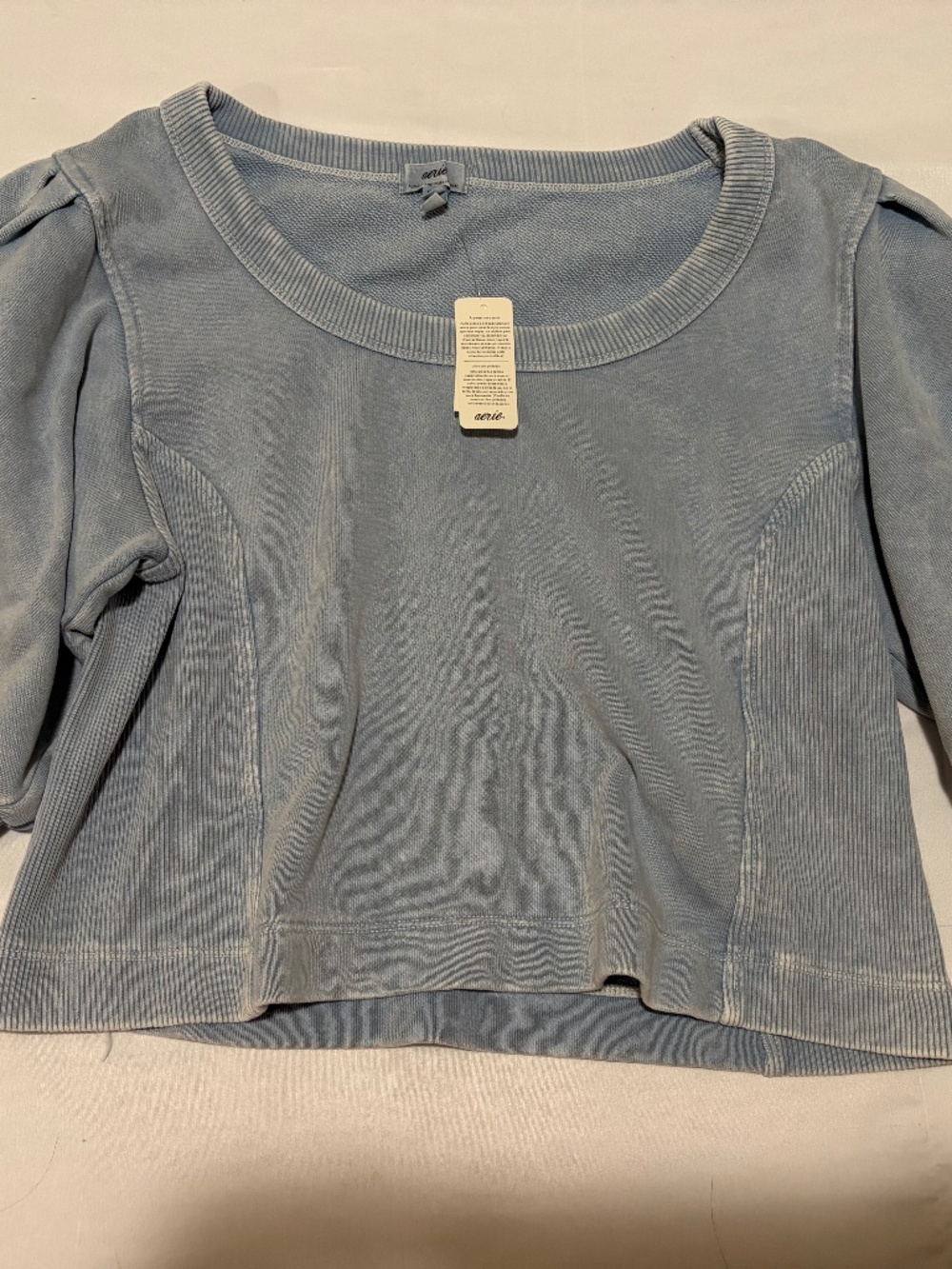 NWT Aerie Puff Short Sleeve Cropped Sweatshirt Light Blue Wash Medium